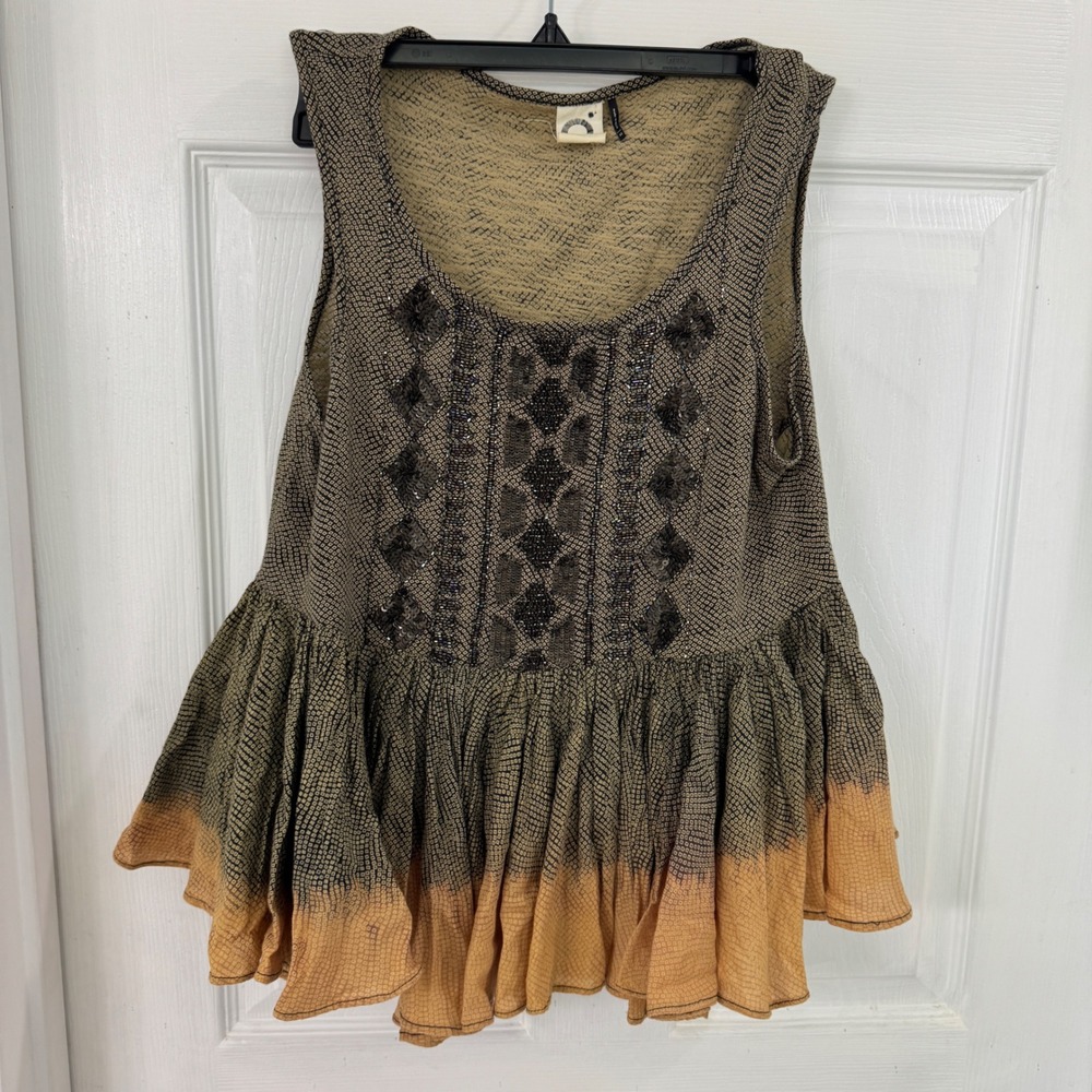 Akemi + Kin Anthropologie Sequin Embellished Peplum Tank Top XS Ombre Boho Brown